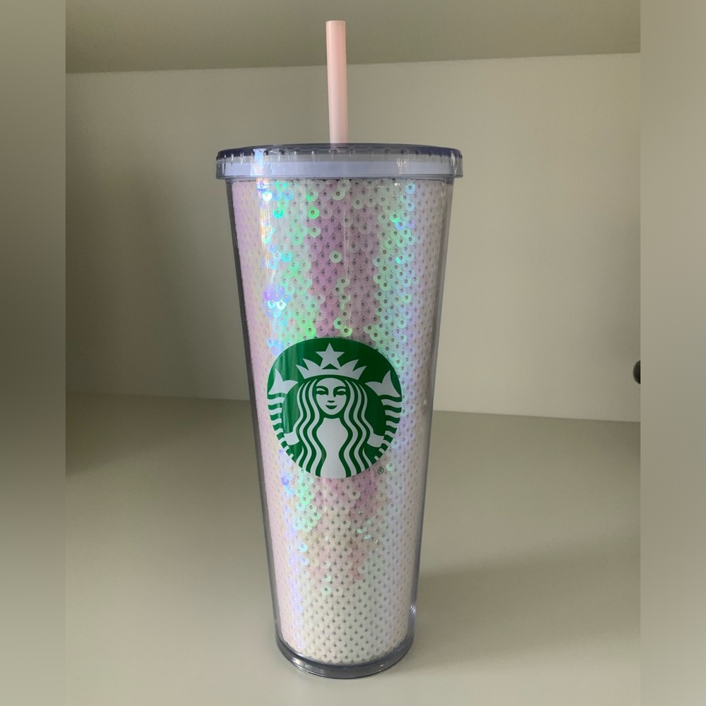 STARBUCKS Pink & White Sequin Glitter Cold Cup Tumbler Holiday 2020 - 24oz
